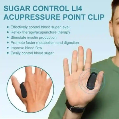 Sugar Control LI4 acupressure point clip on a person's wrist with text about its benefits.