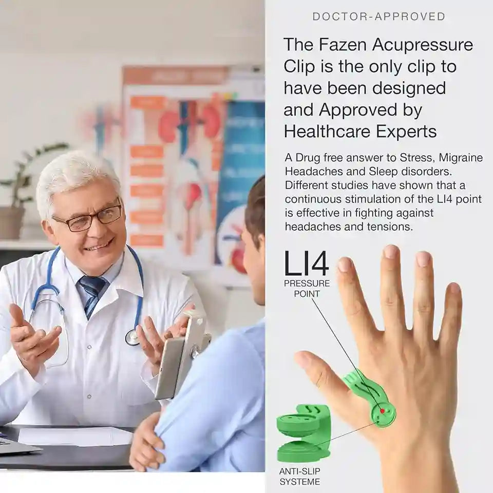 Promotional graphic for the Fazen Acupressure Clip. The left side shows a doctor in a white coat talking to a patient in a clinic.