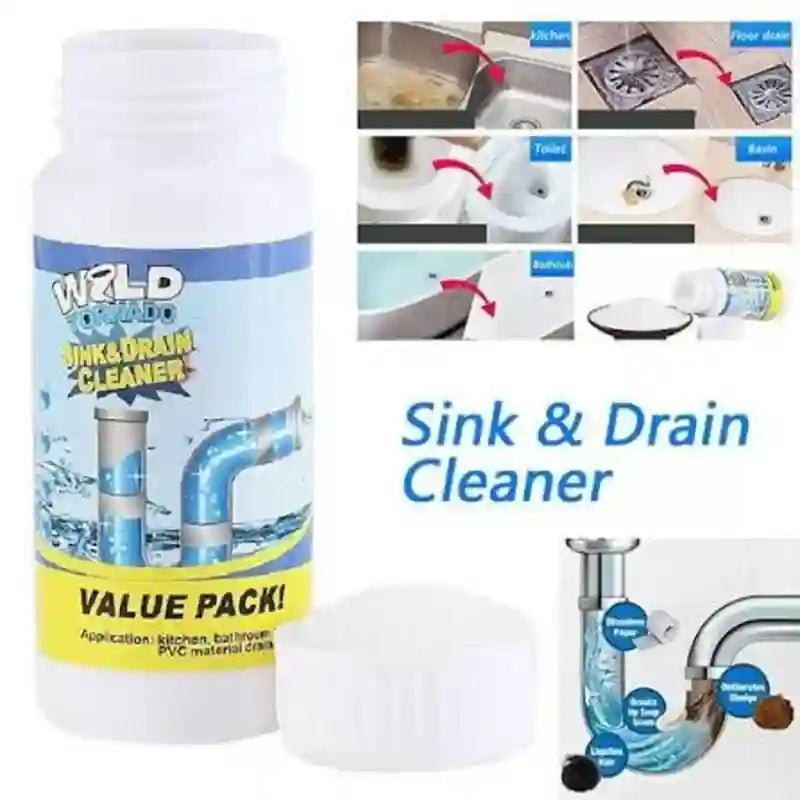 WILD Sink & Drain Cleaner product with images of sinks and drains on a white background