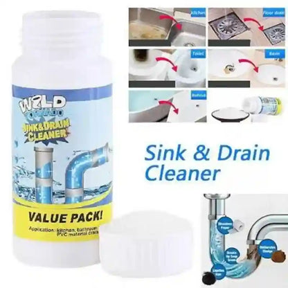 WILD Sink & Drain Cleaner product with images of sinks and drains on a white background