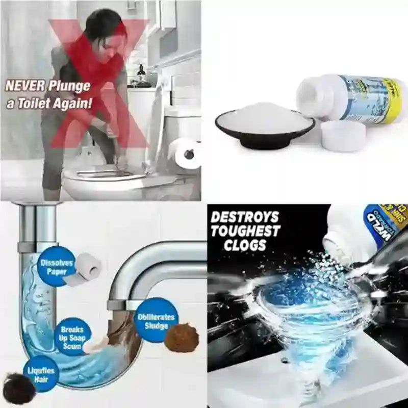 A collage showing toilet clog remover product use and packaging: a bathroom scene with a red X over plunging a toilet, a bottle and powder bowl on a white background, a pipe diagram with labeled parts, and a close-up of the product being poured into a clogged sink.