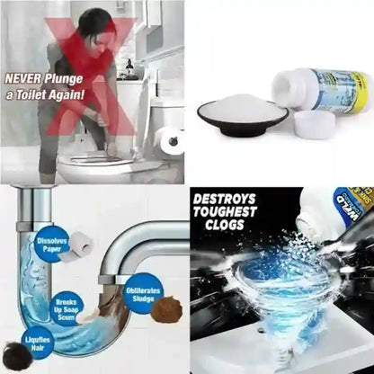 A collage showing toilet clog remover product use and packaging: a bathroom scene with a red X over plunging a toilet, a bottle and powder bowl on a white background, a pipe diagram with labeled parts, and a close-up of the product being poured into a clogged sink.