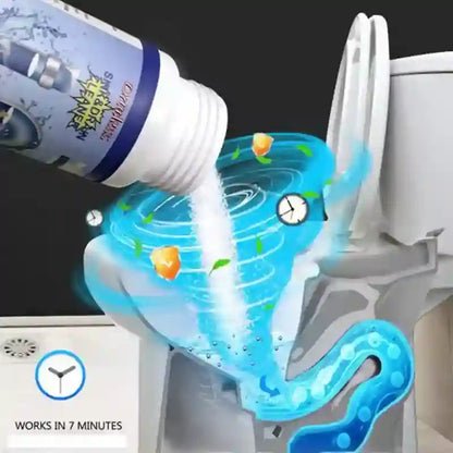 Toilet cleaning product being poured into a toilet with animated effects showing its cleaning process.