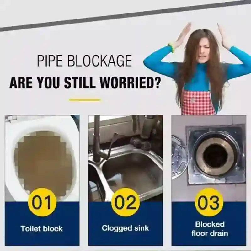 A promotional infographic about pipe blockage with the text 'PIPE BLOCKAGE ARE YOU STILL WORRIED?' and three numbered panels showing a clogged toilet, a clogged sink, and a blocked floor drain. A woman appears in the top right with her hands raised in frustration.