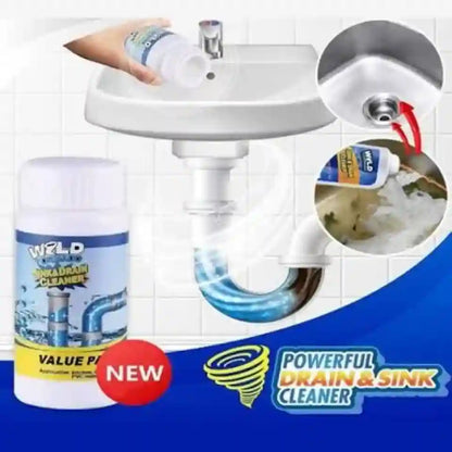 A bottle of World's Most Popular Sink and Drain Cleaner is shown alongside a sink setup with a hand pouring the cleaner, a close-up of the drain, and a before/after style dirty-drain inset. The image includes promotional text and logos for World's Most Popular and Powerful Drain & Sink Cleaner.