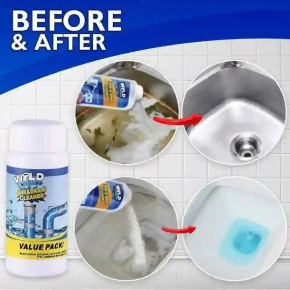 A bottle of WILD Drainage Cleaner shown next to a 'Before & After' comparison graphic demonstrating its use to clear clogged sinks and drains.