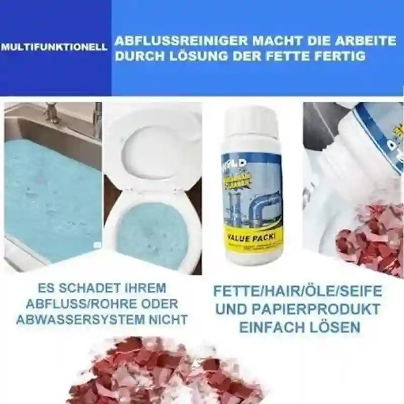 Promotional graphic for a multi-functional drain cleaner. The image features a central bottle of the product, surrounded by before-and-after style photos showing a sink with blue water, an open toilet with blue water inside, and piles of flushed waste.