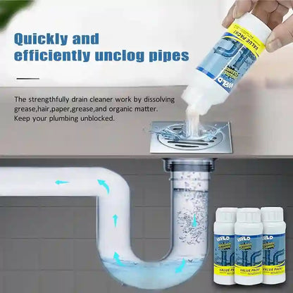 A hand holds a bottle of WILD PLUMBING Valve Flush unclog agent and pours it into a sink drain. The image includes marketing text about quickly and efficiently unclogging pipes, a pipe illustration with blue airflow arrows, and three bottles of the product in the bottom right corner.