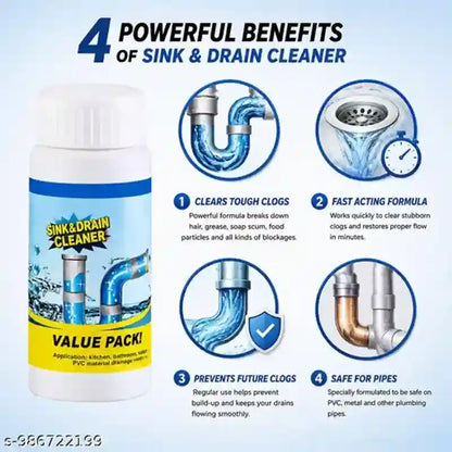 A bottle of Sink & Drain Cleaner shown on a light blue promotional graphic with four illustrated benefit callouts for sink and drain cleaning.