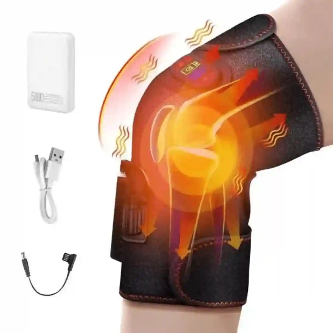 An electric knee/hip heating pad shown worn on a leg, with overlaid heat graphics and accessories including a white power bank, USB charging cable, and connector on a plain white background.