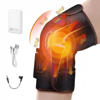 An electric knee/hip heating pad shown worn on a leg, with overlaid heat graphics and accessories including a white power bank, USB charging cable, and connector on a plain white background.