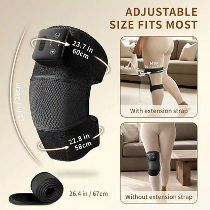 Black knee support brace with adjustable size feature, showing measurements and usage on a person.