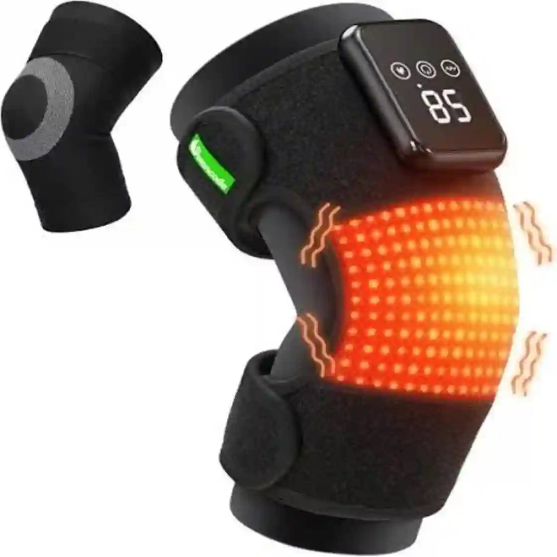Heated knee brace with digital display and heating indicator on a white background