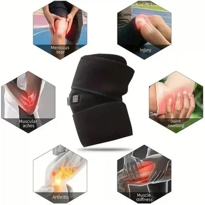 Black heating pad with images of joint issues and its use cases on a white background