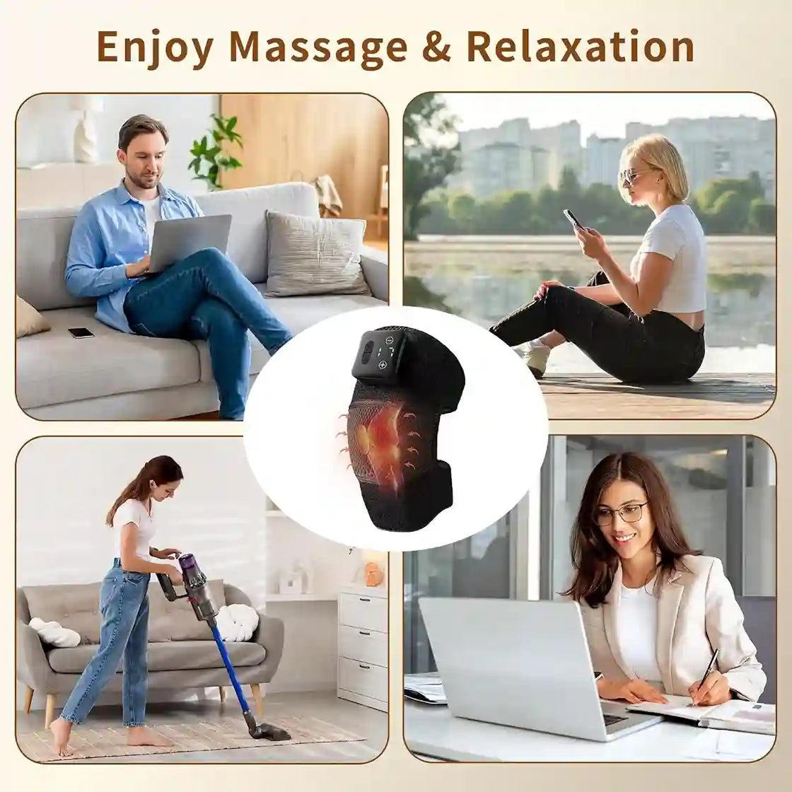 Collage of people using a massage device with text 'Enjoy Massage & Relaxation' in a living room setting.