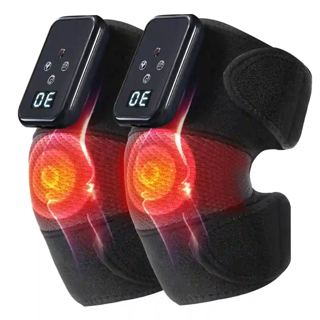 Two black heated knee sleeves shown on a white background, each with a small digital control panel and a glowing red-orange heat graphic over the knee area to indicate warmth.