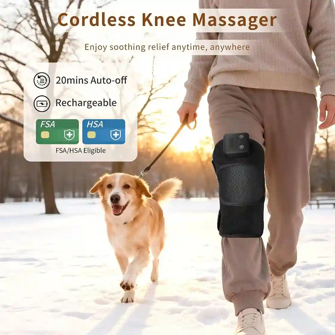 Person walking a dog in the snow wearing a cordless knee massager, with product features displayed.