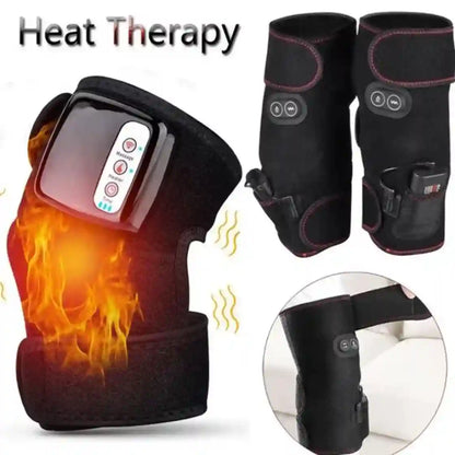 Black heat therapy knee and ankle massager wraps shown on a white background, with flame graphics indicating heat therapy, a pair of the wraps, and a circular inset showing the device attached to a leg.