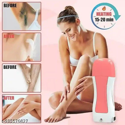 A promotional graphic for an electric hair removal device. The main image shows a woman sitting on a pink background, with inset before-and-after panels demonstrating hair reduction on underarms and legs.