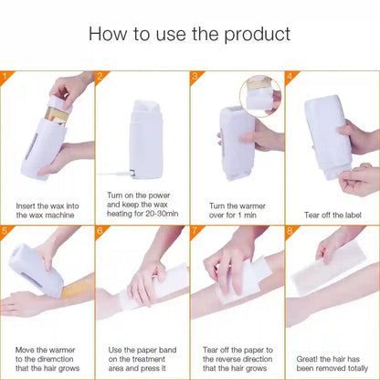 Step-by-step guide on how to use a hair removal product with images of hands performing each step.
