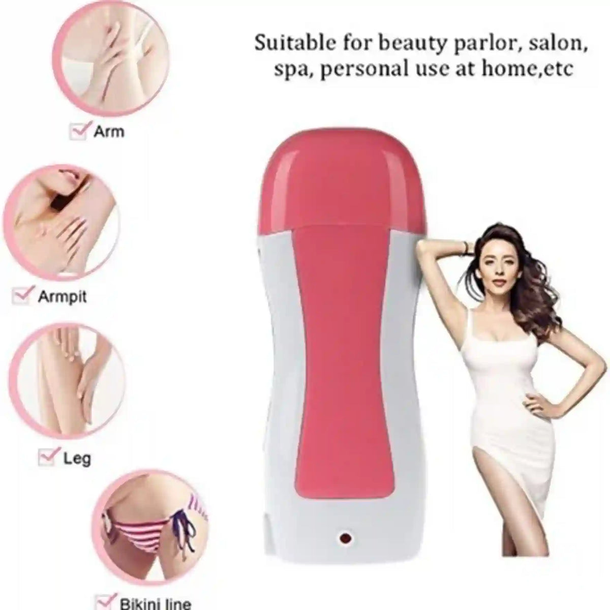 An electric body contouring massager shown alongside informational graphics detailing its use on various body parts including the arm, armpit, leg, and bikini line. A woman in a white dress is pictured on the right side.