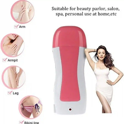 An electric body contouring massager shown alongside informational graphics detailing its use on various body parts including the arm, armpit, leg, and bikini line. A woman in a white dress is pictured on the right side.