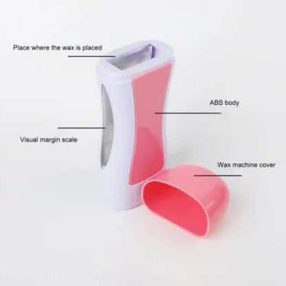 A pink and white waxing device with a separate pink cover placed beside it on a white background, with overlaid labels pointing to the ABS body, wax placement area, and visual margin scale.