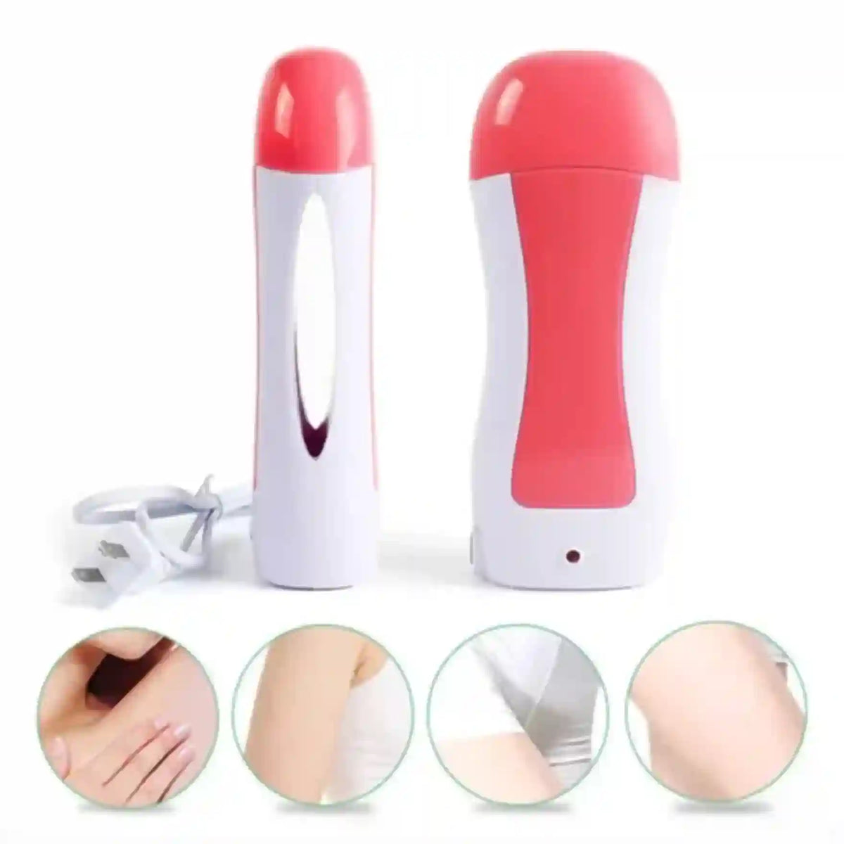 A pink and white electric hair removal device shown from two angles, with a power cord on the left and four circular inset images at the bottom demonstrating use on different body areas.