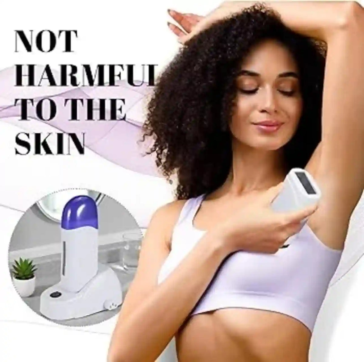 A woman in a white sports bra uses a handheld beauty device under her arm, with large text reading 'NOT HARMFUL TO THE SKIN' and a circular inset showing the device on a charging base.