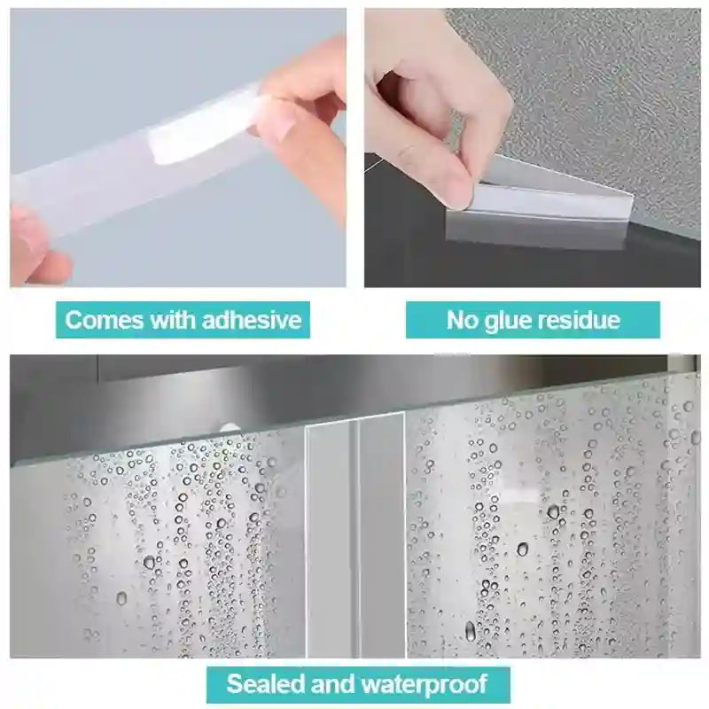 Three-panel demonstration of a transparent adhesive strip applied to a glass surface. Top-left shows the strip being peeled with adhesive, top-right shows no visible residue, and bottom shows water droplets beading on the sealed glass with the text 'Sealed and waterproof'.