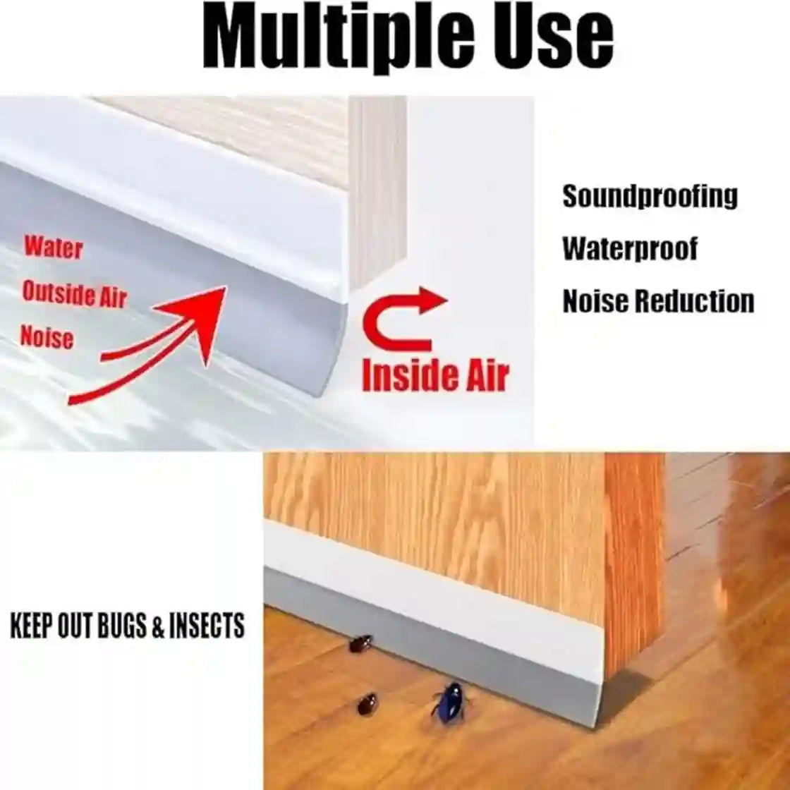 Soundproofing and waterproofing material with text indicating its multiple uses.