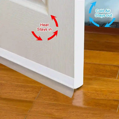 Insulation material on a wooden floor with arrows indicating heat stays in and cold air stays out.