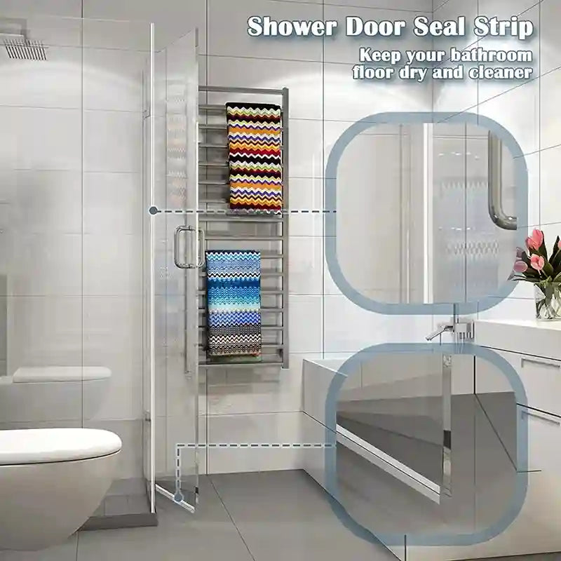 A shower door seal strip shown installed around a glass shower door in a modern tiled bathroom. The image includes text reading 'Shower Door Seal Strip' and 'Keep your bathroom floor dry and cleaner,' plus two circular callout graphics highlighting the seal strip on the door frame.