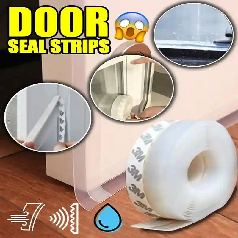 Door seal strips with packaging and usage examples on a wooden floor.