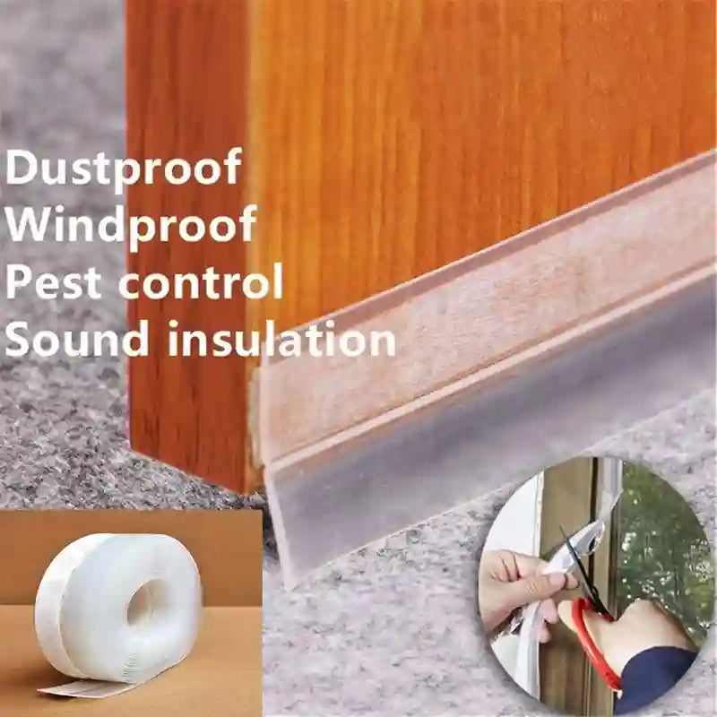 Clear plastic weatherstripping seal strip shown installed along the base of a wooden door, with a roll of the same material, and a circular inset showing a person using a tool to apply the strip. Large text reads 'Dustproof Windproof Pest control Sound insulation'.