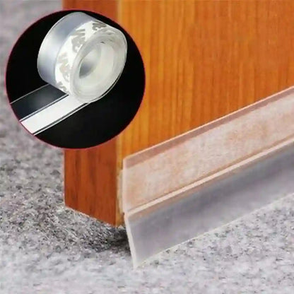 Clear plastic door threshold seal tape applied to a wooden door threshold, with a circular inset showing the roll of transparent seal tape.
