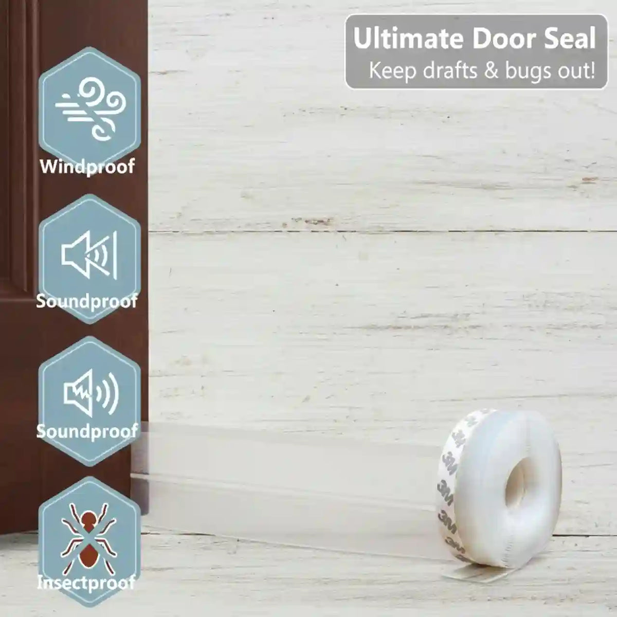 Roll of Ultimate Door Seal with features highlighted on a wooden door and wall background.