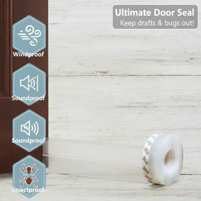 Roll of Ultimate Door Seal with features highlighted on a wooden door and wall background.