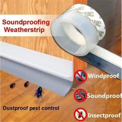 Roll of soundproofing weatherstrip with features highlighted on a wooden floor.
