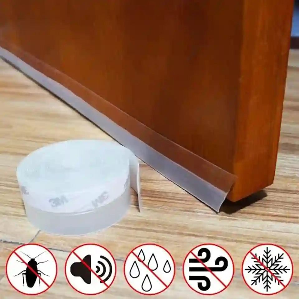 A roll of clear adhesive door stopper strips shown on a light wood floor next to a brown wooden cabinet, with five feature icons below indicating bug, sound, rain, draft, and snow resistance.
