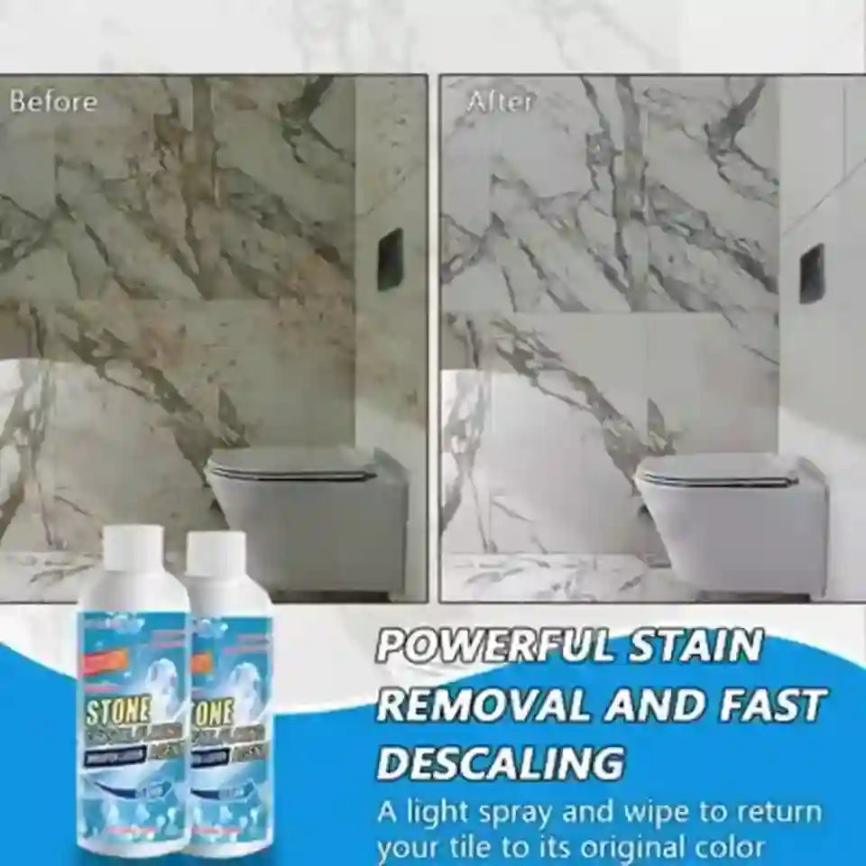 Before and after comparison of a marble shower wall with cleaning product bottles displayed.