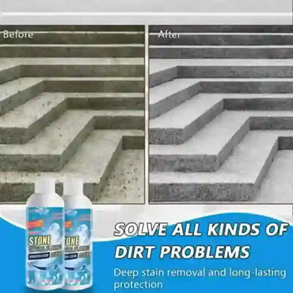 A before-and-after comparison showing dirty concrete steps labeled 'Before' and clean steps labeled 'After,' with two bottles of Stone Free One cleaning product at the bottom and text reading 'SOLVE ALL KINDS OF DIRT PROBLEMS.'.