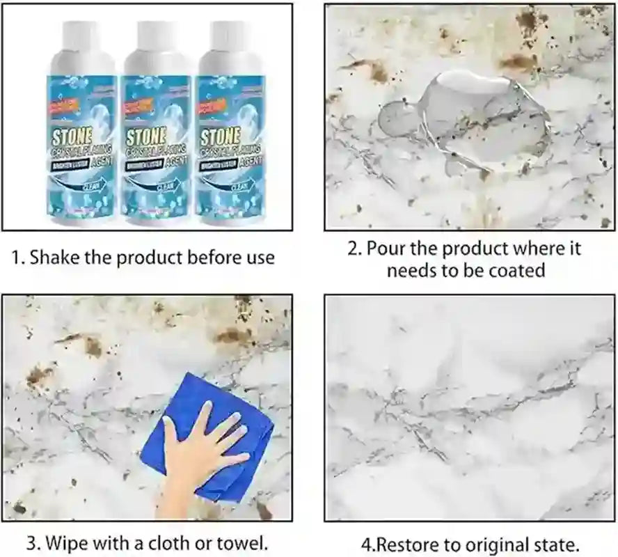 A four-panel instruction graphic showing how to use a stone cleaning product: three bottles at the top left, a liquid being poured onto a stained marble surface at top right, a hand wiping the surface with a blue cloth at bottom left, and the marble restored to a clean marbled appearance at bottom right.