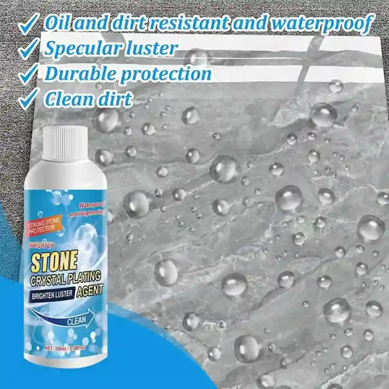 Stone crystal plating agent bottle with water droplets on a stone surface, highlighting features.