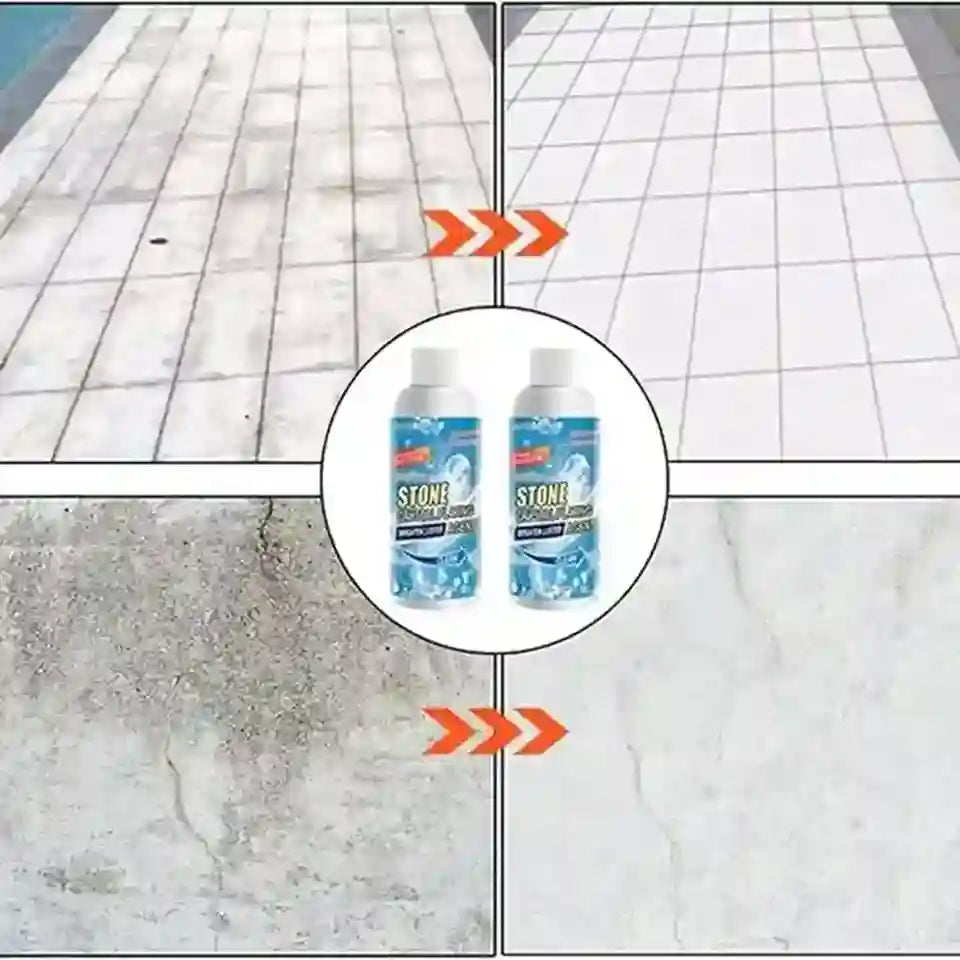 A before-and-after comparison collage showing stone tile floors, with orange arrows pointing from dirty, stained floors on the left and bottom to clean, bright floors on the right. A circular inset in the center shows two bottles of STONE FREE stone cleaner.