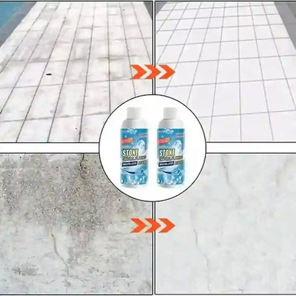 A before-and-after comparison collage showing stone tile floors, with orange arrows pointing from dirty, stained floors on the left and bottom to clean, bright floors on the right. A circular inset in the center shows two bottles of STONE FREE stone cleaner.