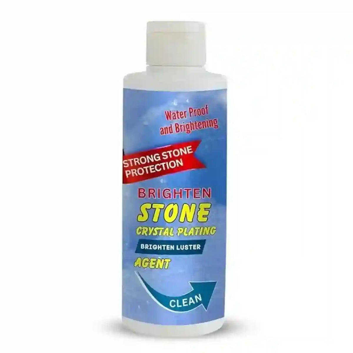A white plastic bottle of Brighten Stone Crystal Plating agent with a blue and red label, shown on a white background.