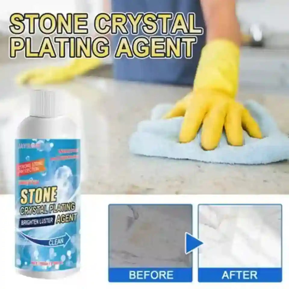 A bottle of stone crystal plating agent shown next to a person wearing a yellow rubber glove and wiping a light-colored stone countertop with a blue microfiber cloth. The image includes text reading 'STONE CRYSTAL PLATING AGENT' and before-and-after comparison panels at the bottom.