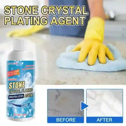 A bottle of stone crystal plating agent shown next to a person wearing a yellow rubber glove and wiping a light-colored stone countertop with a blue microfiber cloth. The image includes text reading 'STONE CRYSTAL PLATING AGENT' and before-and-after comparison panels at the bottom.