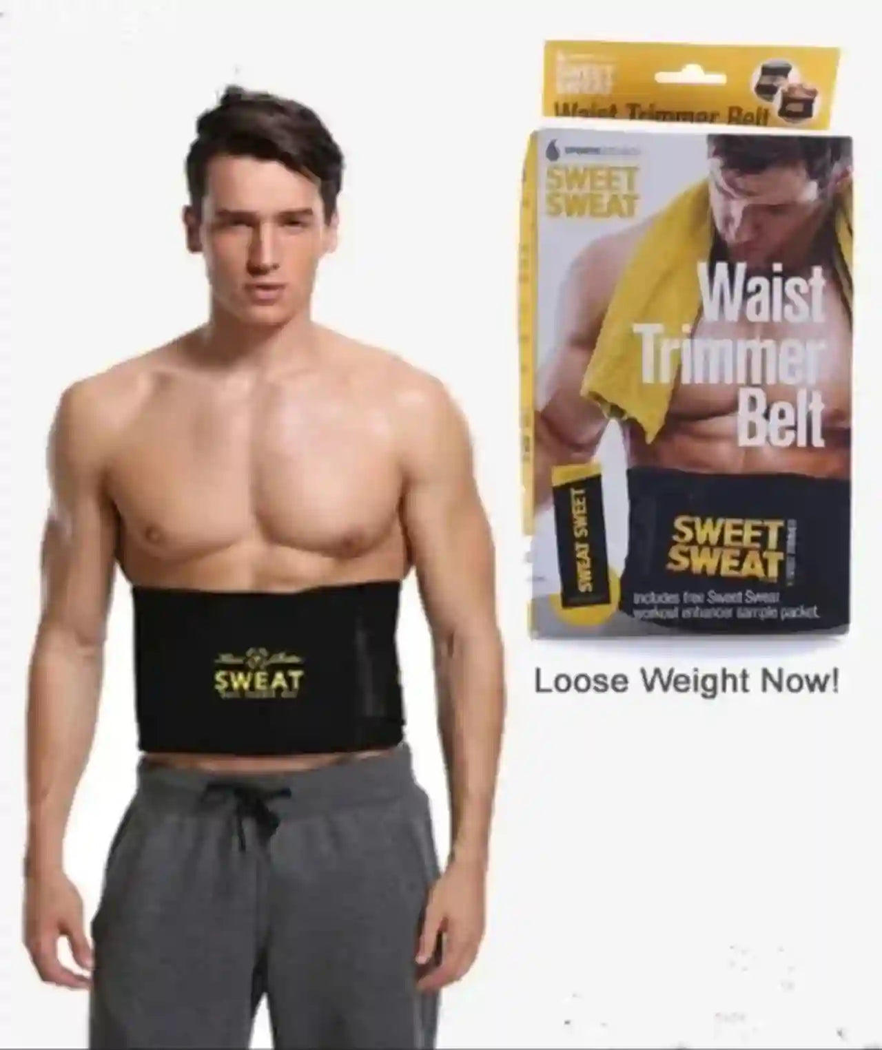 Man wearing a waist trimmer belt with product packaging in the background
